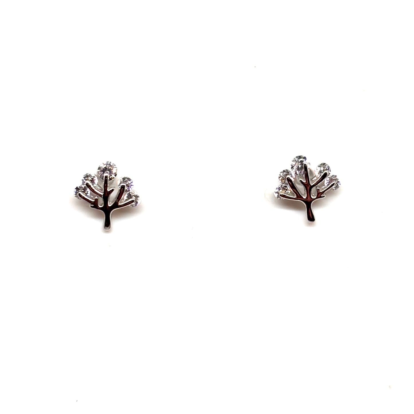 Pair of silver tree-shaped earrings with crystals on each branch from Pixi Daisy