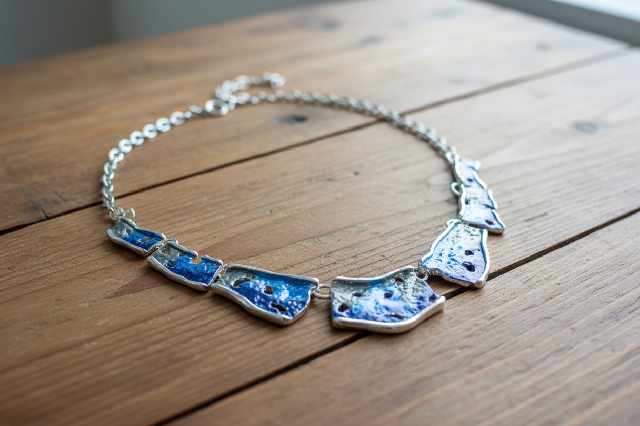 Blue and grey mottled necklace on rustic table