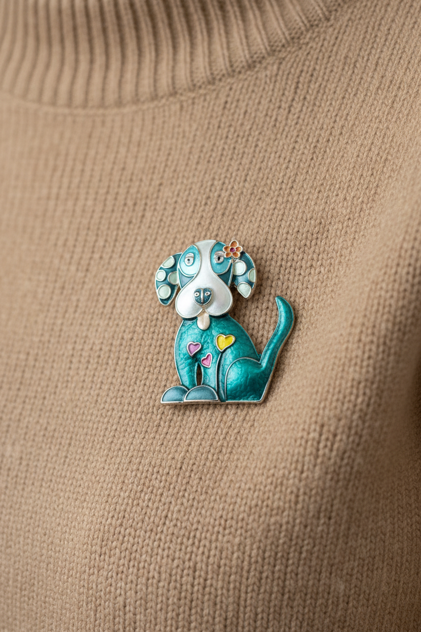 Miss Milly Green Dog Magnetic Brooch on Model
