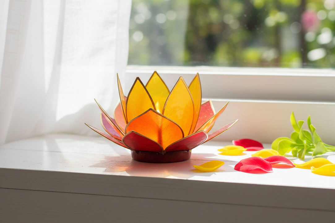 Red Yellow Lotus Flower tea light holder from Pixi Daisy