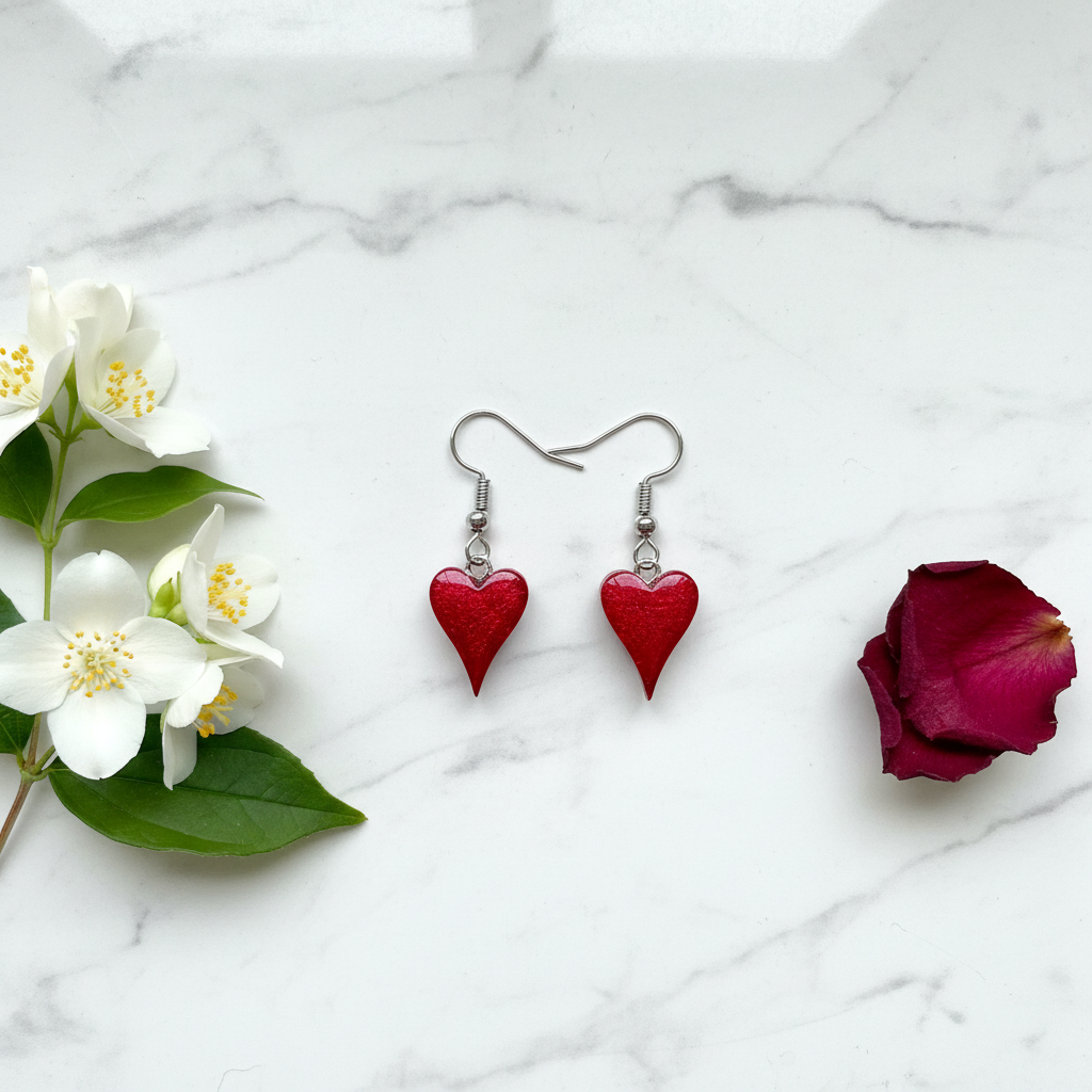 Scarlet Red Heart Earrings - Flat Lay