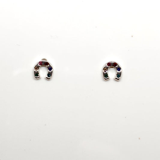 Pair of silver horseshoe-shaped earrings with colourful stones from Pixi Daisy