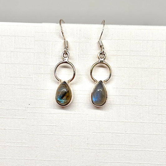 Pair of silver opalite dangly earrings within a teardrop shape