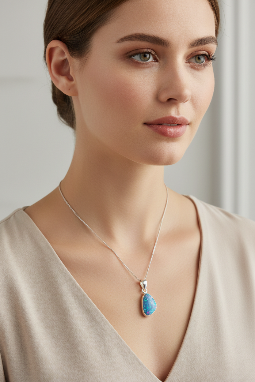 Blue Opal Necklace on Model