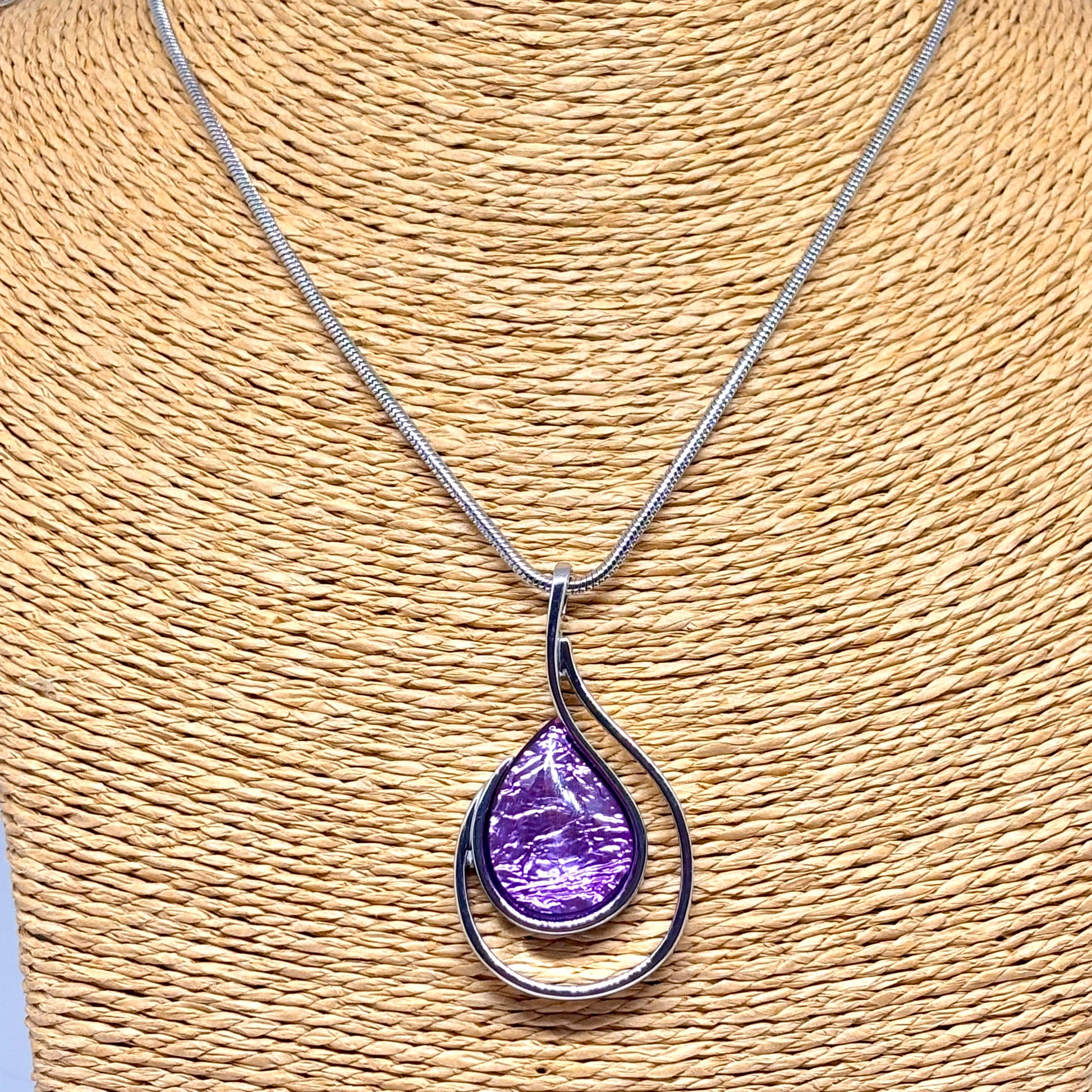 Miss Milly teardrop-shaped purple pendant on a silver chain from Pixi Daisy