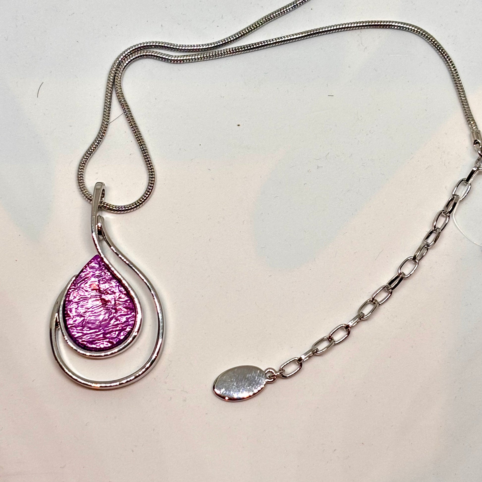 Miss Milly teardrop-shaped purple pendant on a silver chain from Pixi Daisy