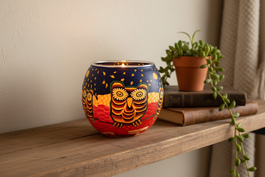 Owl candle holder with lit candle in lifestyle setting