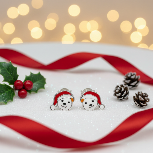 Bear & Santa Hat Sterling Silver Ear Studs from Pixi DaisyShot