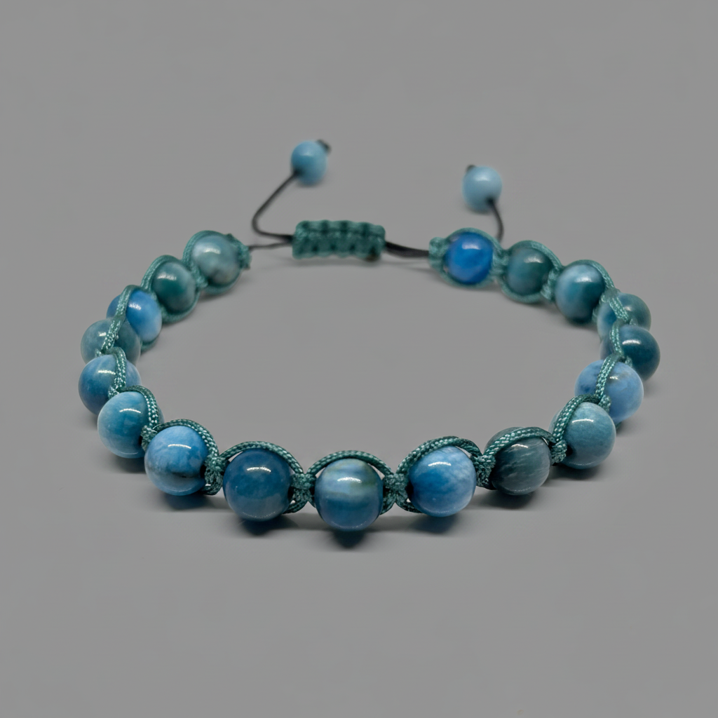 Blue apatite macrame bracelet close-up slate grey