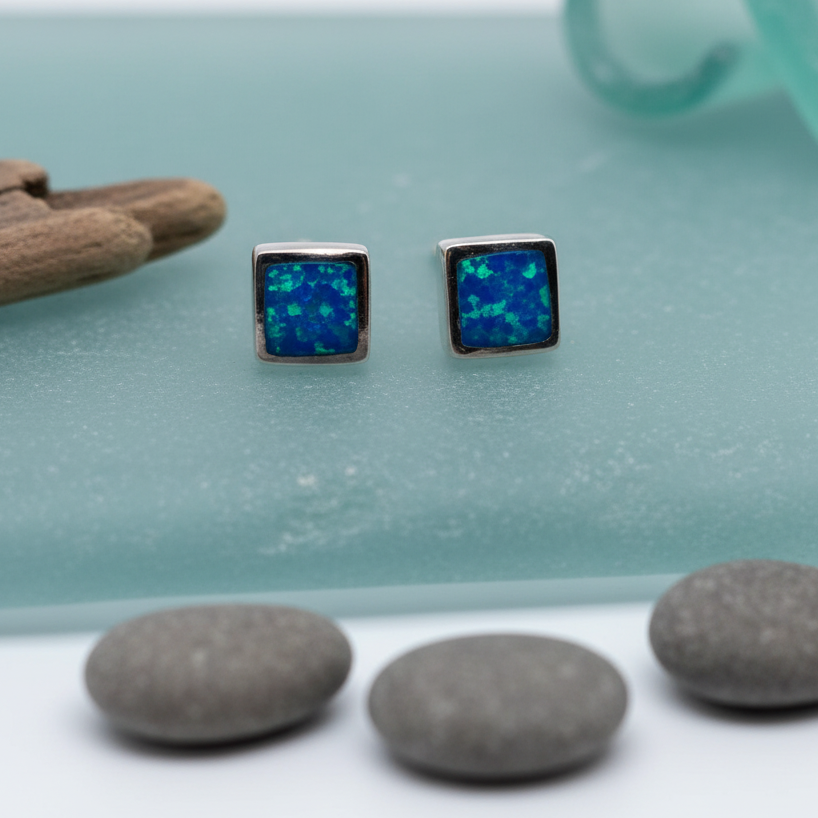 Blue Opal Square Stud Earrings from Pix Daisy