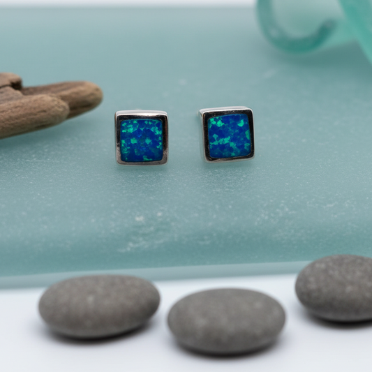 Blue Opal Square Stud Earrings from Pix Daisy