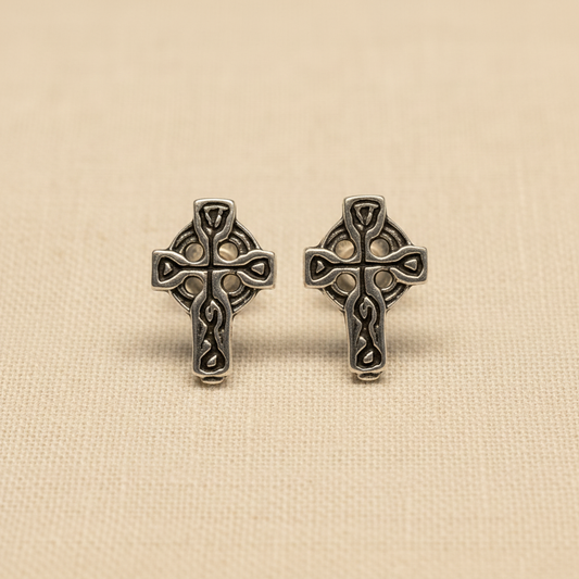 Celtic Cross Ear Studs - Linen Background