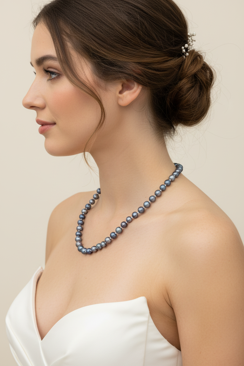 Grey Pearl Necklace - Bridal Side Profile