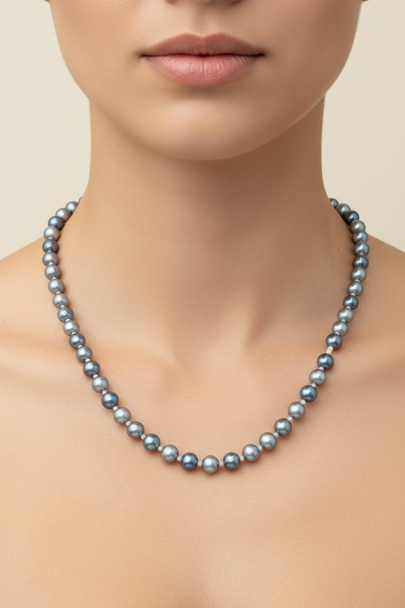 Grey Pearl Necklace - On Model Cream Background