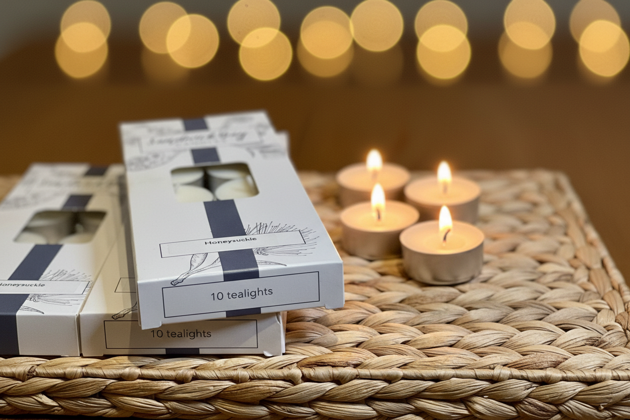 Sandwick Bay Honeysuckle tea light candles lit and glowing warmly on a wicker placemat in a cosy home setting