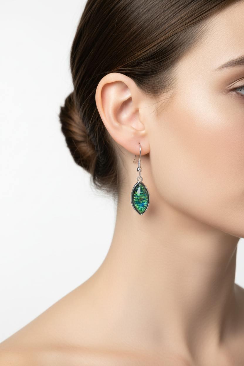 Iridescent blue-green elliptical earrings on model