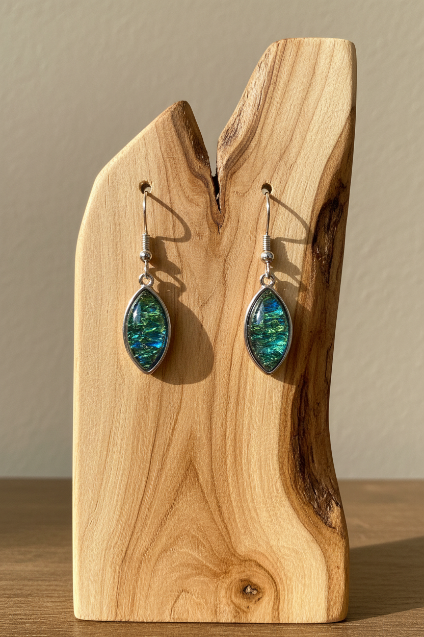 Iridescent blue-green elliptical earrings on rustic stand