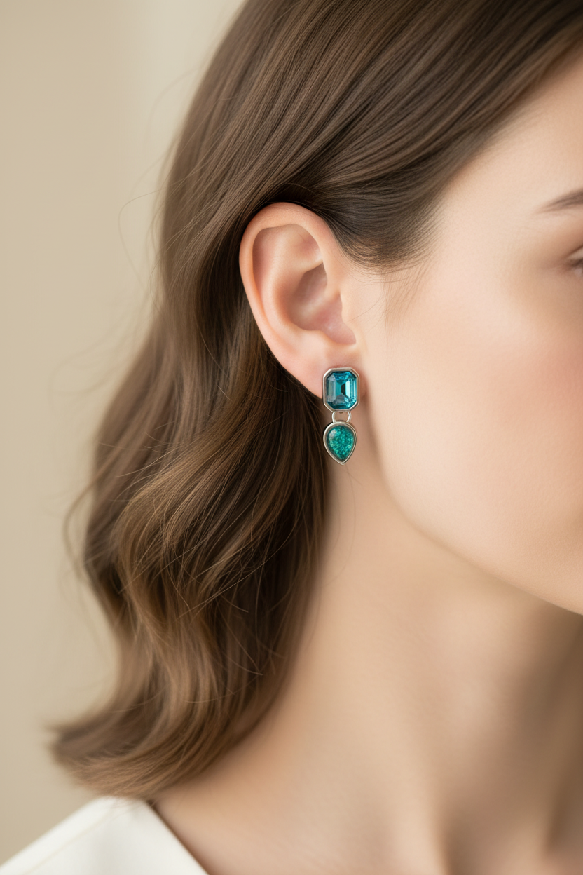 Miss Milly Blue Sparkles Earrings - Model Worn (Correct Scale)