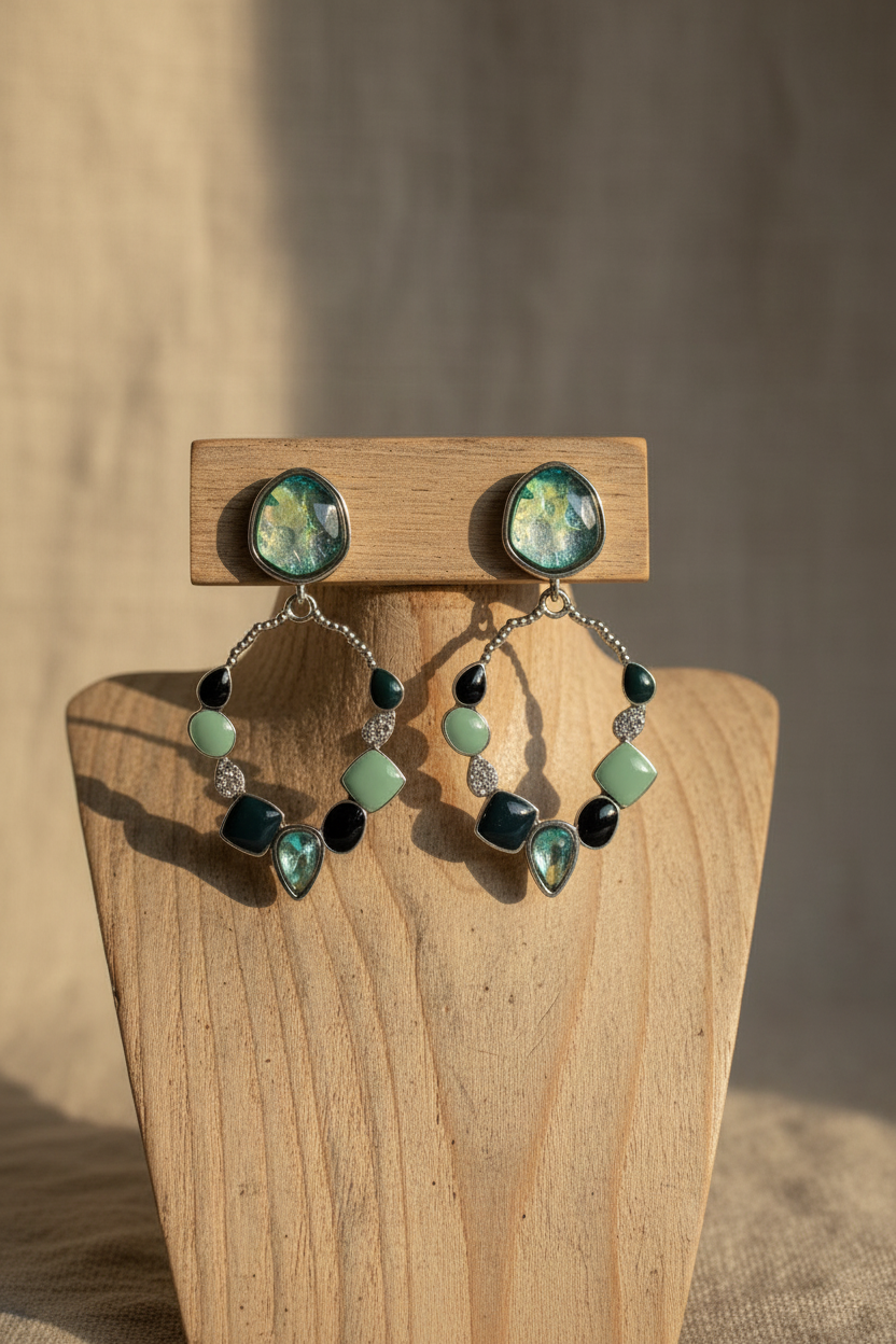 Miss Milly Navy and Green Drop Earrings - Rustic Stand with Linen Background