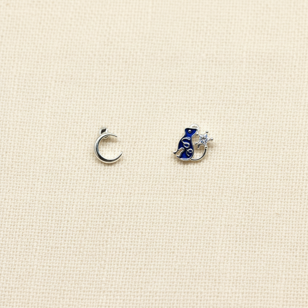 Moon & Blue Enamel Cat Mismatched Stud Earrings - pixi daisy