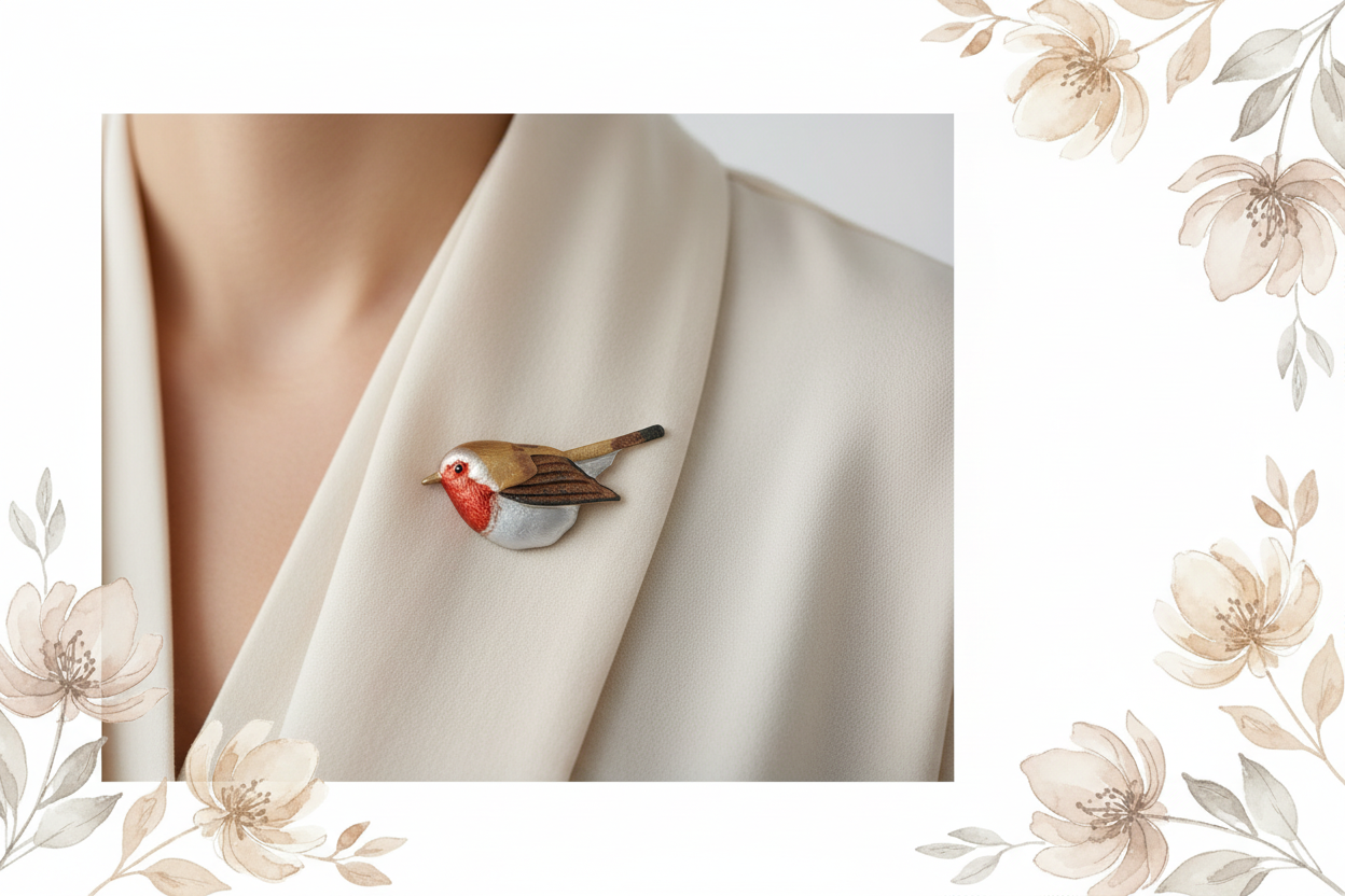 Robin brooch on model