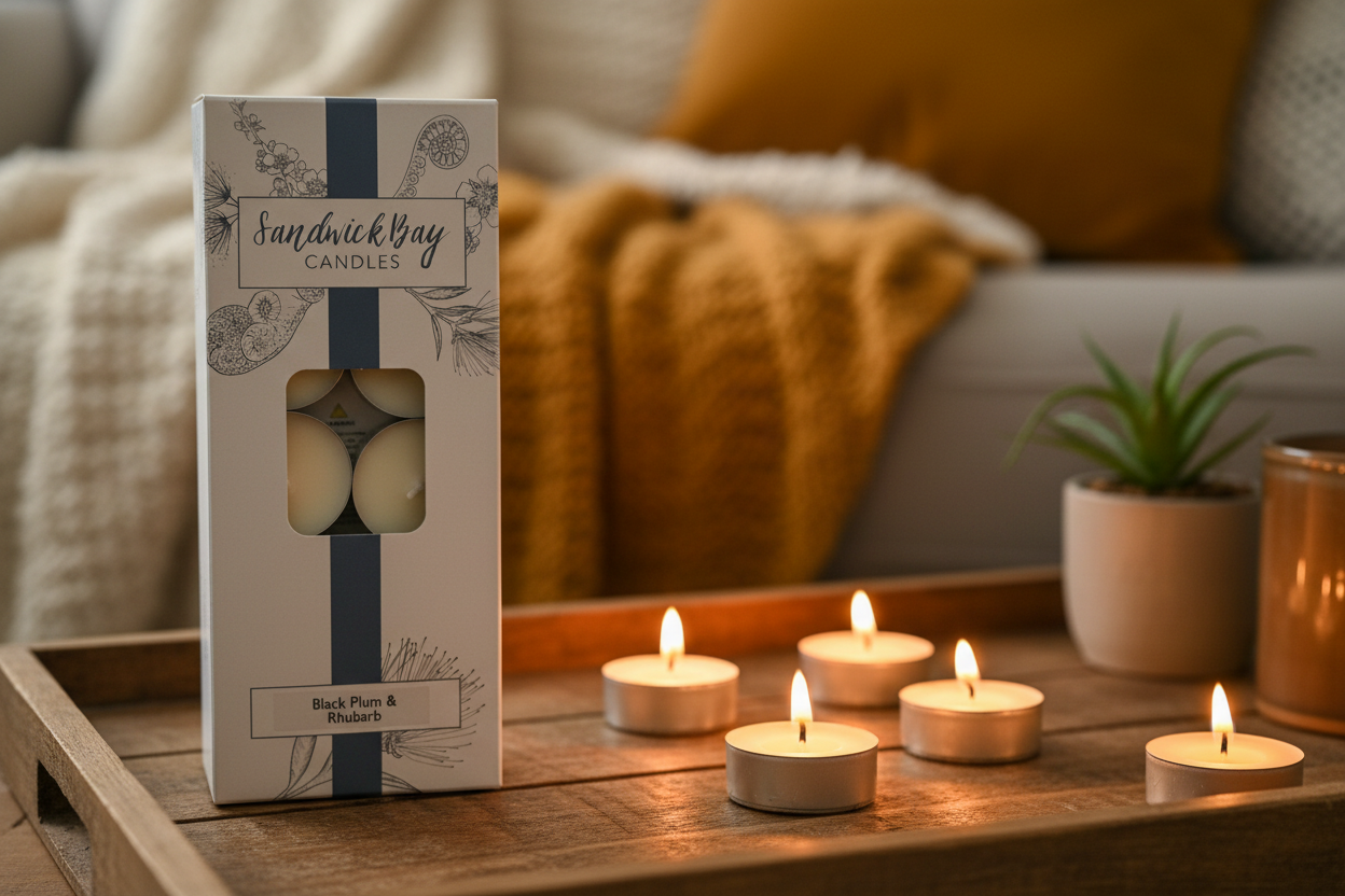 Sandwick Bay Black Plum & Rhubarb Tea Lights from Pixi Daisy