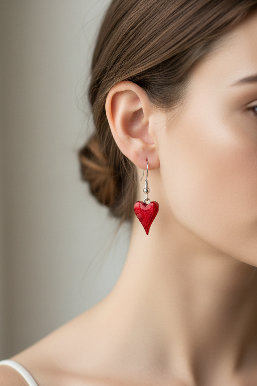 Scarlet Red Heart Earrings - Model Worn