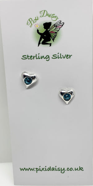 Silver Heart Ear Studs with Aquamarine Crystal from Pixi Daisy