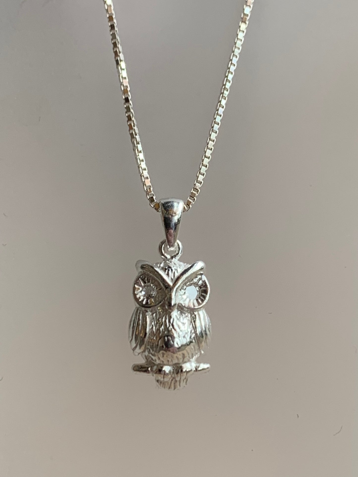 Owl Pendant on 18 inch Sterling Silver box Chain - pixi-daisy