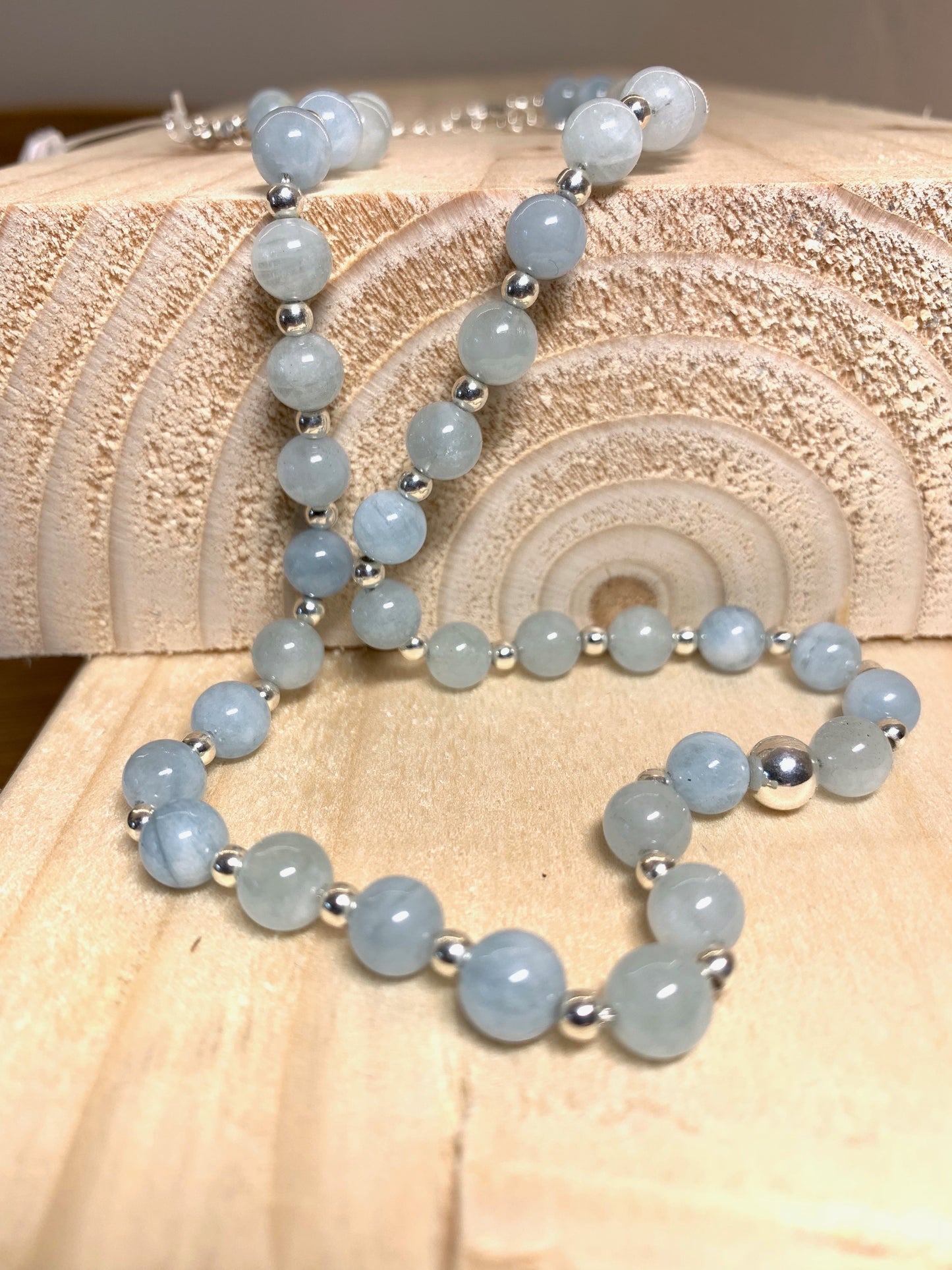 Handmade Aqua Marine Semi Precious Gem Stones & Silver Bead Sterling Silver Necklace - pixi-daisy