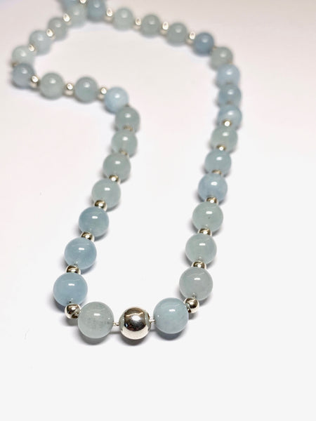 Handmade Aqua Marine Semi Precious Gem Stones & Silver Bead Sterling Silver Necklace - pixi-daisy