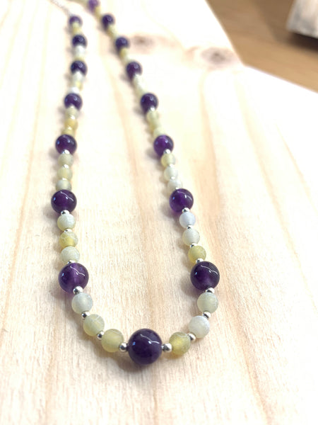 Handmade Amethyst, Weathered Agate Gem Stones & Silver Bead Necklace - pixi-daisy