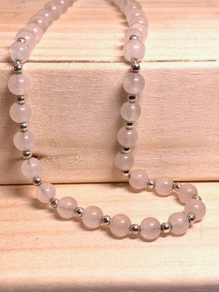 Handmade Rose Quartz Semi Precious Necklace on Silver Bead Chain - pixi-daisy